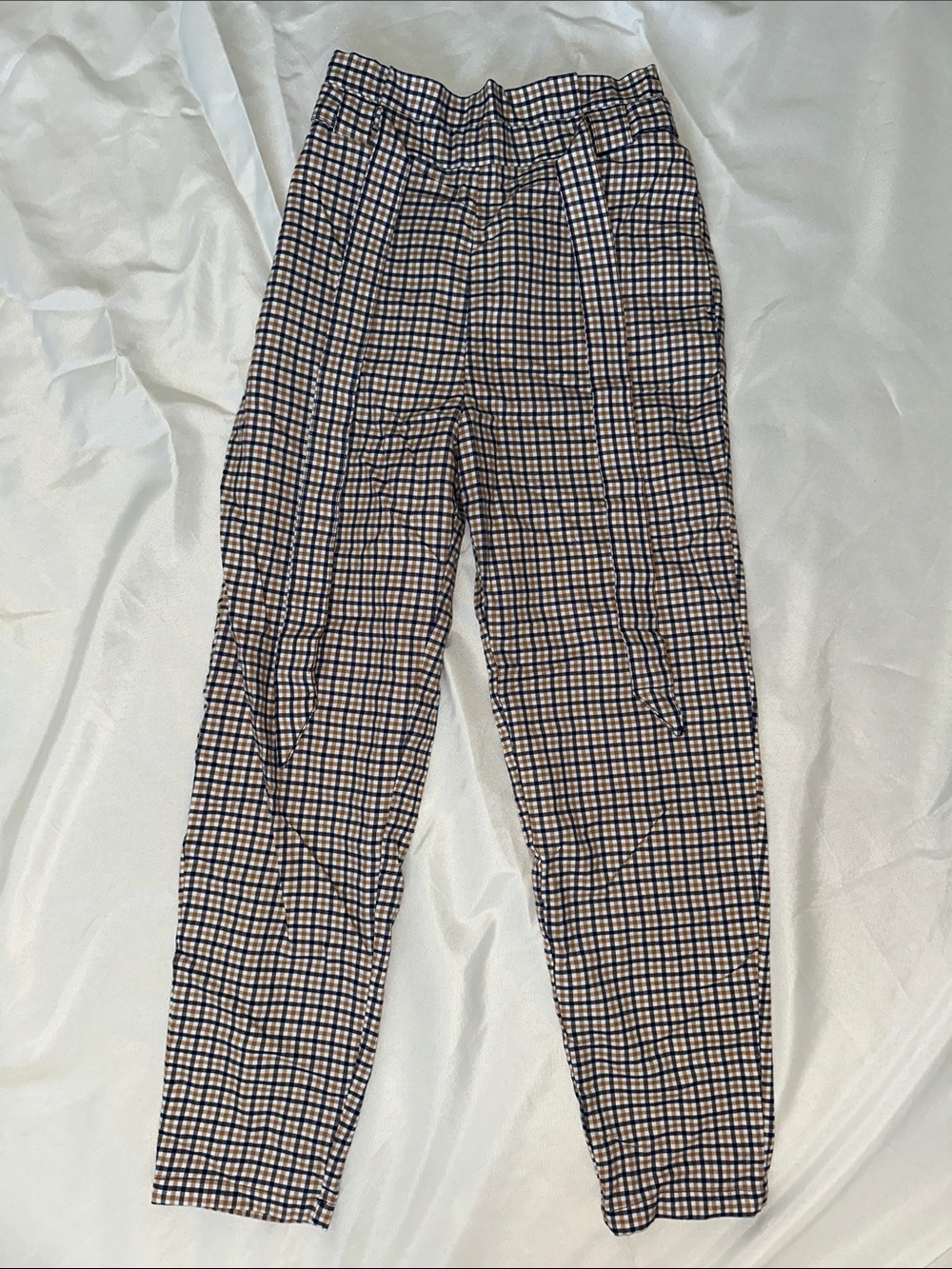 H&M Navy and Camel Plaid Elastic-Waist Trousers